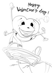 Heart on a rope swing. Line art. A pretty pink heart rides on a rope swing on Valentine's Day. A greeting card for the most romantic day.