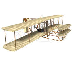 Wright Brothers Airplane. 3D rendering illustration of the first airplane (Flyer I) designed and made by the Wright Brothers. © J J Osuna Caballero
