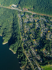 Stock aerial photo of Capilano Lake and North Vancouver, Canada