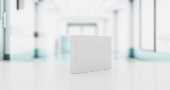 Pharmaceutical box mockup template with tracking mask in hospital corridor &ndash; smooth slide animation