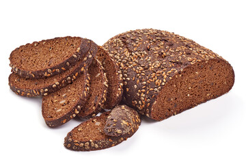 Rye bread with slices, isolated on white background.
