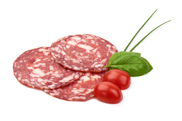 Salami smoked sausage, Traditional dry-cured Milano salami, isolated on white background.