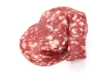 Salami smoked sausage, Traditional dry-cured Milano salami, isolated on white background.