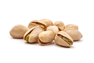 Pistachio nuts, isolated on white background. Close-up.