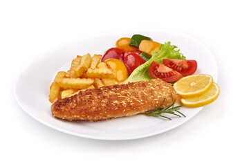 Fried Fish cutlet with French fries and vegetables, isolated on white background.