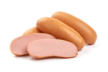 Boiled pork sausages, isolated on white background.