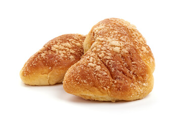 Tasty bread rolls, sweet buns, close-up, isolated on white background.