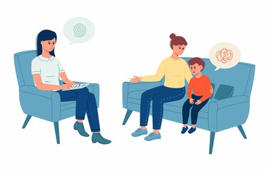 Mother and little son in the office of a child psychologist. Family consultation. Psychologist and professional support concept. Vector illustration