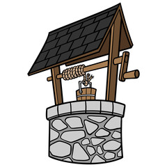 Water Well - A cartoon illustration of an old water well with a rope and bucket.