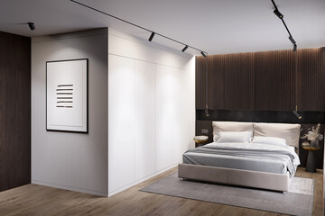 Modern bedroom with illuminated vertical poster on the wall near the door, dark wood cabinets above the beige bed, decor on the bedside tables, built-in wardrobe, carpet on the wooden floor. 3d render