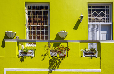 Colourful buildings in Muslim Bo-Kaap district in Cape Town, South Africa.