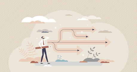 Planning backup with possible business scenario options tiny person concept. Various solutions and options as successful preparation for future risks vector illustration. Possible alternative path.