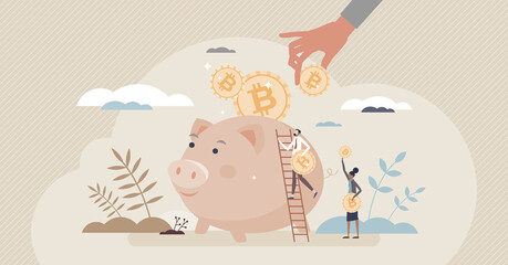 Fototapeta na wymiar Crypto savings and money accumulation with virtual cash tiny person concept. Digital online bank account with blockchain currency vector illustration. Save your profit in piggy with income mining.