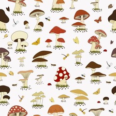 Seamless pattern with cartoon mushrooms  and insects