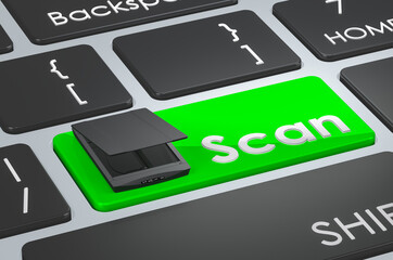 Fototapeta premium Scan green key. Flatbed scanner on keyboard. 3D rendering