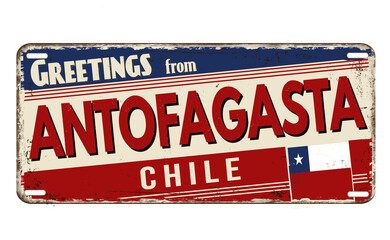 Greetings from Antofagasta vintage rusty metal plate