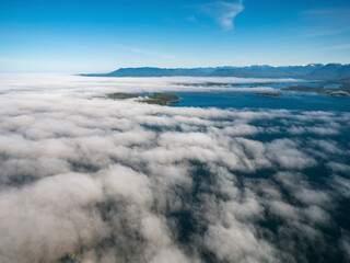 Fototapeta na wymiar Stock Aerial Photo of Broken Group Islands in Fog Barkley Sound Vancouver Island BC, Canada