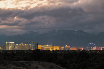 Las Vegas skyline after sunset in winter storm