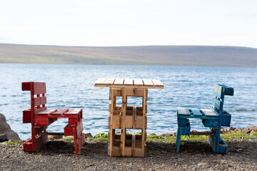 Upcycled benches at lakeside viewpoint