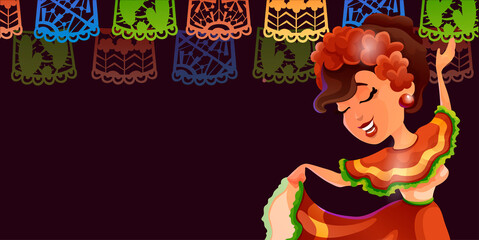 Dark header with a cute dancing mexican woman