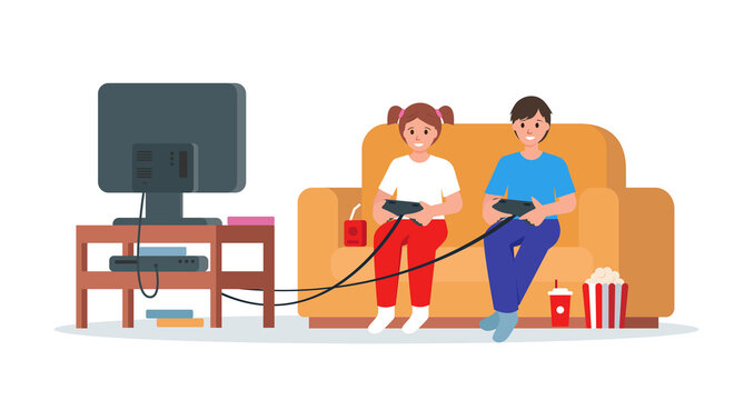Two Children sitting on sofa and playing video games. Brother and sister spend free time together at home with game console and TV. Boy and girl charactrs. Flat or cartoon vector illustration.