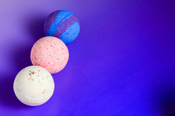 bath bomb on colorful background. Spa set, body care, background.