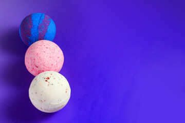 bath bomb on colorful background. Spa set, body care, background.