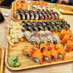 Pictured Japanese cuisine, rolls and sushi