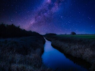 Ditch with Milky Way, field and water at night, Starry sky