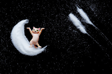 Funny toy ginger cat stands on white powder crescent, next to stars and asteroid trails. Black...
