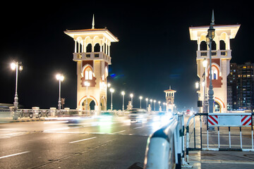 Night scenery of the stanley bridge on the meditarranean coast in Alexandria, Egypt