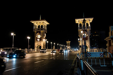 Night scenery of the stanley bridge on the meditarranean coast in Alexandria, Egypt