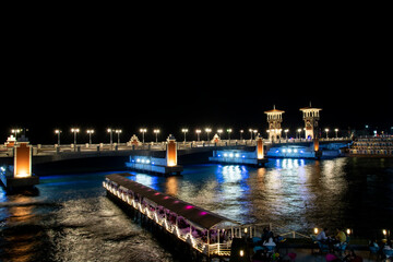 Night scenery of the stanley bridge on the meditarranean coast in Alexandria, Egypt
