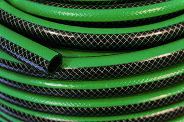 Rolled green garden hose close-up