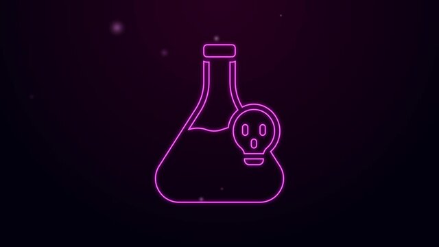 Glowing neon line Laboratory chemical beaker with toxic liquid icon isolated on black background. Biohazard symbol. Dangerous symbol with radiation icon. 4K Video motion graphic animation