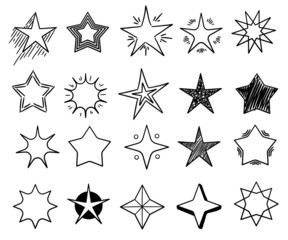 Sketch stars. Cute star shapes, black starburst doodle signs for christmas decoration isolated set
