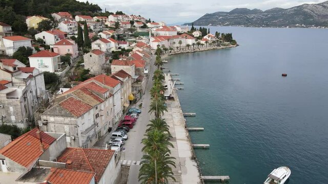 Aerial view of the Korcula old town in Croatia by the Adriatic sea