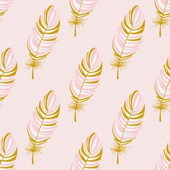 Colorful seamless pattern of pink gold feathers. Vector pattern with bird feathers for textiles, wallpaper or packaging.