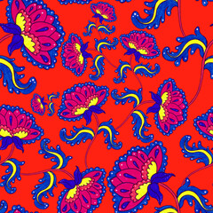 Watercolor seamless pattern with folky flowers and leaves in ethnic style. Floral decoration. Traditional paisley pattern. Textile design texture.Tribal ethnic vintage seamless pattern.	