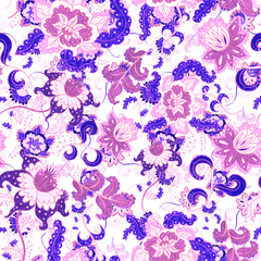 Watercolor seamless pattern with folky flowers and leaves in ethnic style. Floral decoration. Traditional paisley pattern. Textile design texture.Tribal ethnic vintage seamless pattern.	