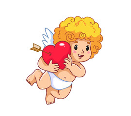 Cute baby cupid holding a red heart. A symbol of love and Valentine's Day. Cartoon character angel. Curly little boy with wings. Happy baby in a diaper.