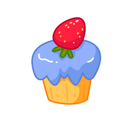 Blue cream cake with strawberries. Vector illustration in cartoon childish style. Isolated funny clipart on a white background. Cute sweets print.