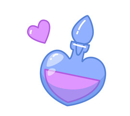 Heart shaped glass blue perfume bottle. Cartoon vector drawing with contour, isolate on a white background. Scented cosmetics.