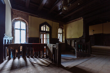 Old abandoned castle with beautiful carved wood decoration. Former Manor Uspenskoye, Moscow region