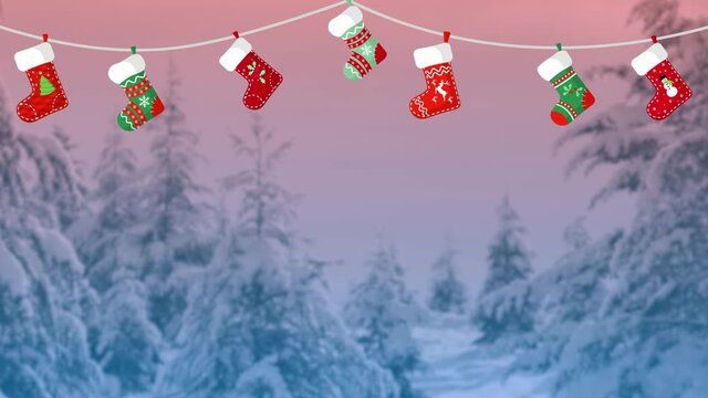 Animated Decorative Christmas stocking socks hanging and rotating on a rope. Snowing weather in the background. Christmas motion design template for Christmas and new year designs.