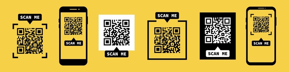 QR code scan me templates. qr code collection for app or product. Vector isolated on yellow - obrazy, fototapety, plakaty