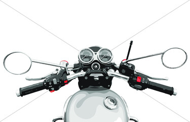 Classic silver motorcycle. Tank, handlebars and instrument panel. Pilot view. Bottomless. EPS illustration. 
