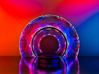 Abstract modern background for design in pink and blue bright neon colors with podium