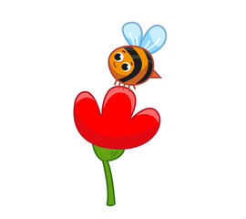 A cute cartoon bee collects nectar from a red flower. Drawing of a bumblebee insect in a childish style with an outline. Colored summer illustrations with plant and wasp.