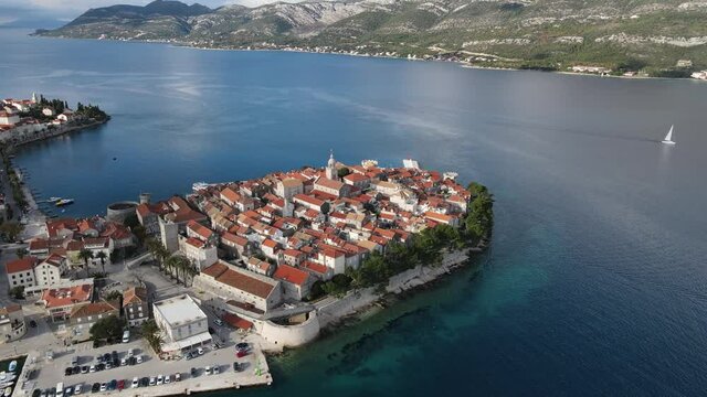Aerial view of the Korcula old town in Croatia by the Adriatic sea